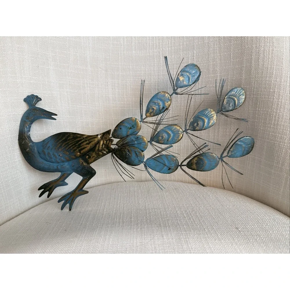 Set Of 4 Peacocks Wall Hangings Art Metal/Tin‎ Turquoise Blue/Gold Hong Kong